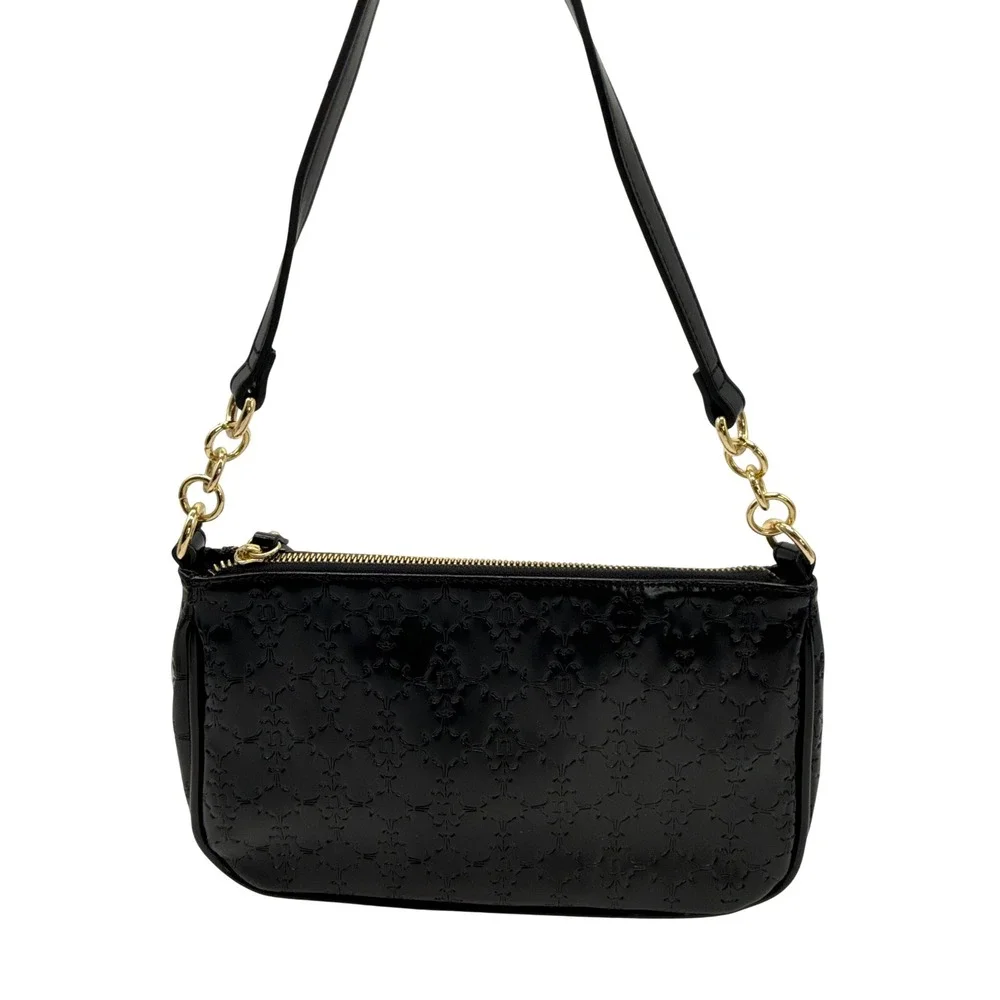 Nanette Lepore Black Embossed Logo Shoulder Bag Gold Chain Baguette Purse